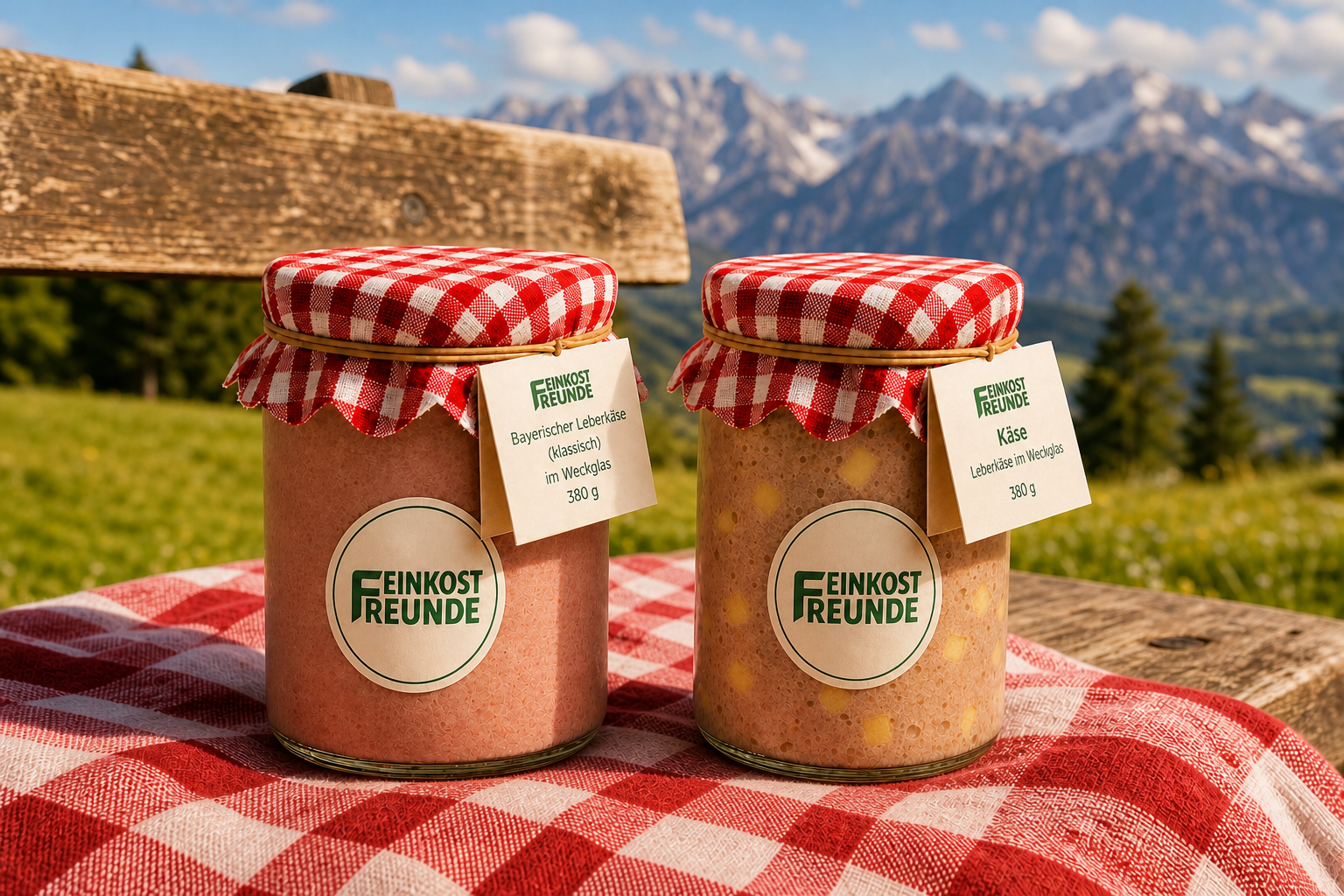 Brotzeit-Duo auf einer rot-weiß karierten Picknickdecke auf einer Parkbank vor den bayerischen Alpen