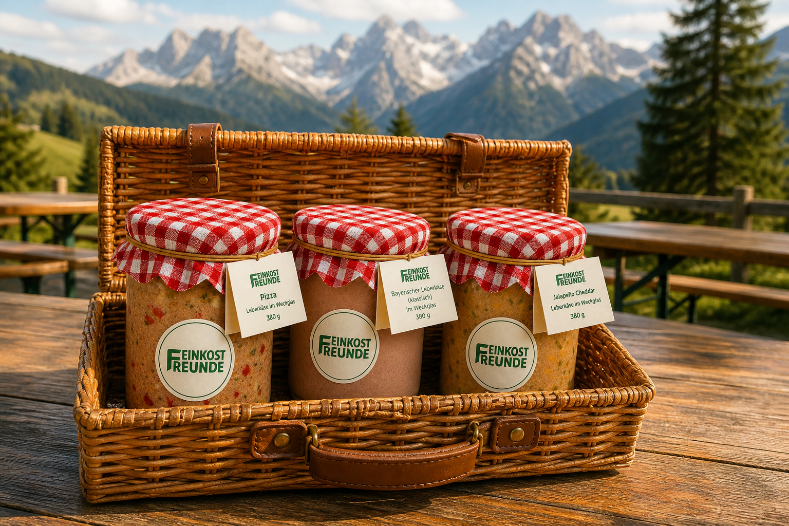 Feinkost-Trio in einem Picknickkorb auf einer bayerischen Bierzeltgarnitur vor Bergkulisse