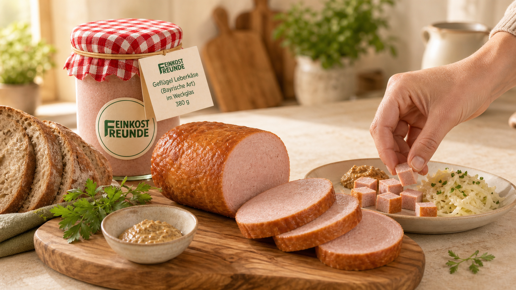 Servieridee für Geflügel Leberkäse (Bayerische Art)